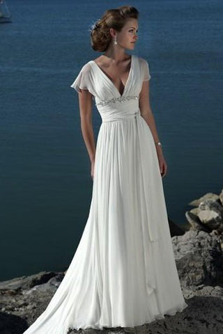 A-line V-neck Short Sleeves Beading Sweep Train Chiffon Beach Wedding Dress