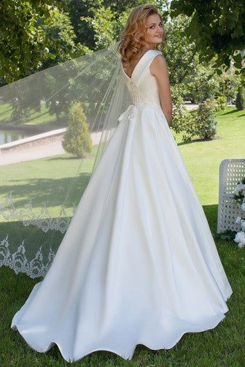 A-Line High Neck Sleeveless Satin Wedding Dress With Lace And Lace Up