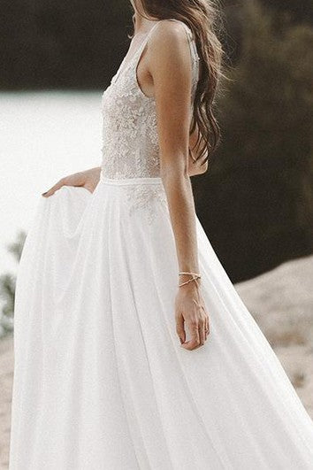 Chiffon Lace Brush Train A Line Sleeveless Bohemian Wedding Dress with Beading