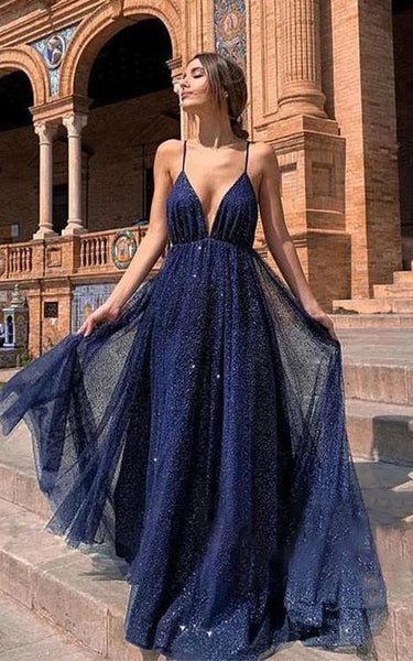 Sexy Plunged Spaghetti Empire A-line Sequin Prom Dress