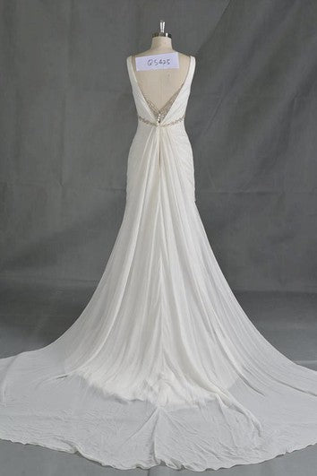 Šaty bez rukávů s výstřihem do V, plisované, z šifónu ve tvaru A s krystalovými detaily