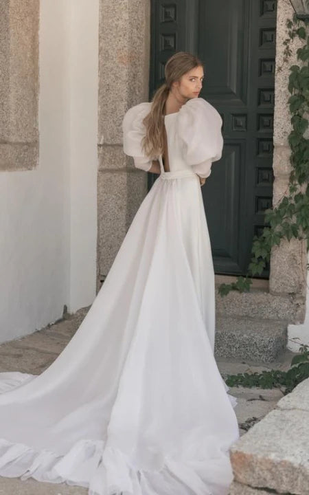 Sleeve Sleeve Bateau Decinela Chiffon Abito da sposa con treno da spina