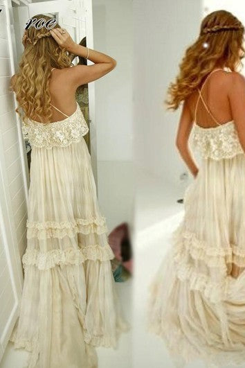 Spaghetti A-Line Sexy Sleeveless Floor-Length Tiers Lace Backless Beach Wedding Dress