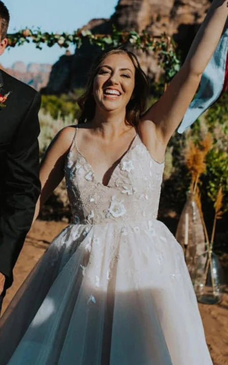 Plus Size Spaghetti Tulle Appliqued Backless Ball Gown Wedding Dress