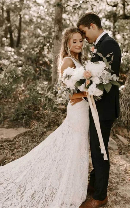 V-Ausschnitt Spitze Ärmelloses Etuikleid Lässiges Brautkleid