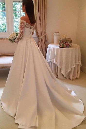 Modern A Line Satin Off-the-shoulder Wedding Dress with Appliques