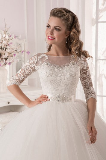 Ball Gown Lace&Tulle Long Sleeve Dress with Crystal Detailing