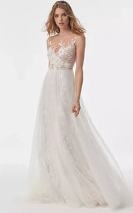 Flowy Sleeveless Empire Sheath Criss-cross Wedding Dress with Tulle Overlay