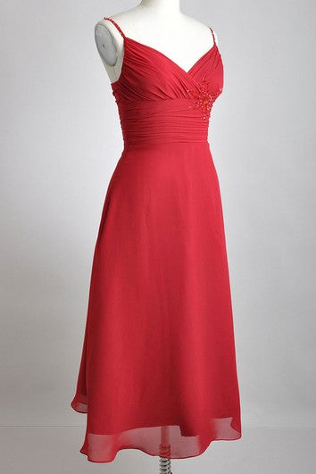 Tea-length V-Neckline A-line Chiffon Bridesmaid Dress With Spaghette Straps