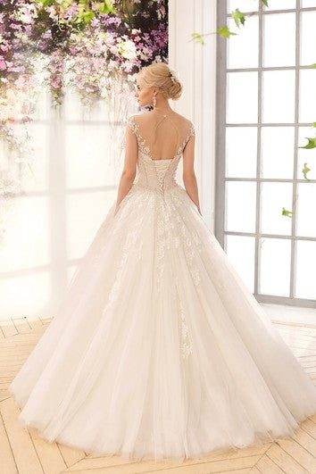 Ball Gown Floor-Length V-Neck Cap-Sleeve Corset-Back Lace Dress With Appliques