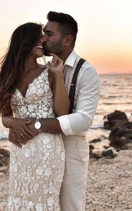 Strapped V-neck Beach Sheath Mermaid Lace Deep-v Back Wedding Dress