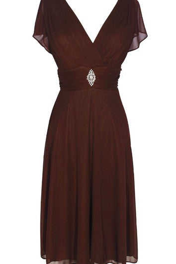 Šaty z šifónu s krátkým rukávem, výstřihem do V a délkou ke kolenům s korálkovou výzdobou