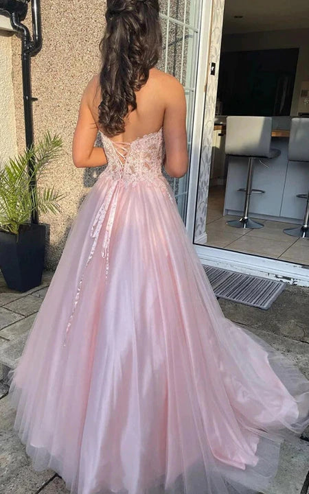 Sweetheart Lace Applique A-line Blush Tulle Evening Formal Prom Dress with Corset Back