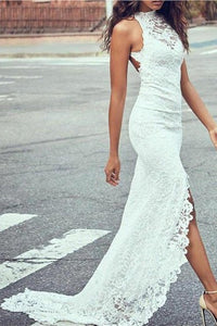 Sexy Lace Sheath Halter Sleeveless Keyhole Long Wedding Dress