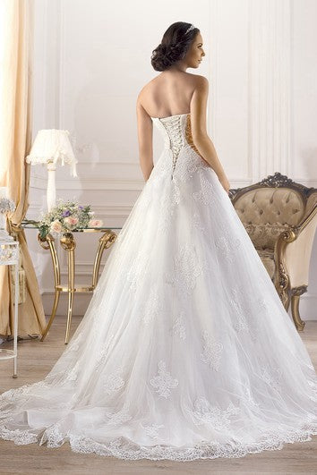 A-Line Long Strapless Sleeveless Corset-Back Lace Dress With Appliques And Waist Jewellery