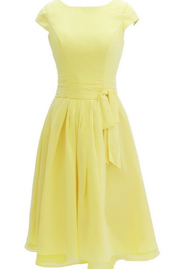 Cap-sleeved Knee-length Chiffon Dress With Ribbon