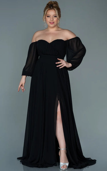 Off-the-shoulder Sweetheart Empire Plus Size Chiffon Front Split Evning Dress