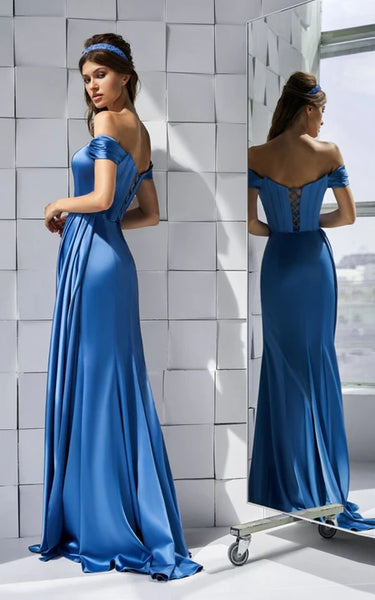 Chic Off-the-shoulder Satin Slit Front Party Dress with Corset Back