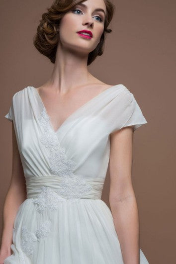 A-Line V-Neck Tea-Length Cap-Sleeve Appliqued Tulle Wedding Dress With Ruching