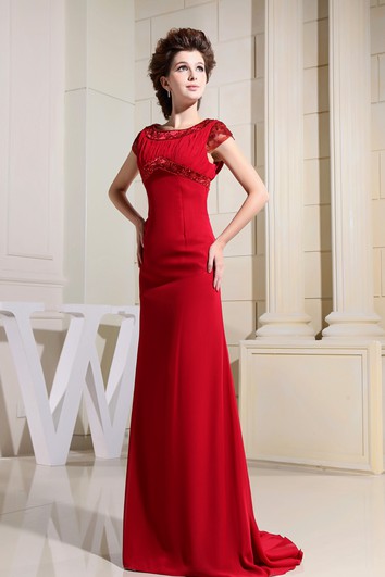 Chiffon Short-Sleeve Floor-Length Dress With Beading and Ruching