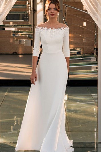 Simple Off-the-shoulder Sheath Sweep Train 3/4 Length Sleeve Wedding Dress With Appliques