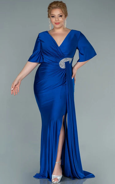 Charming V-neck Half-sleeve Sheath Mermaid Ruched Front Split Plus Size Evning Dress