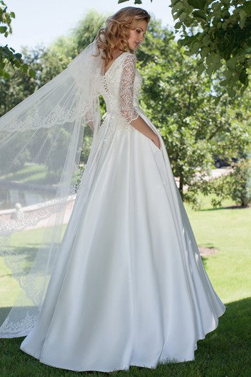 A-Line V-Neck Appliqued 3-4 Sleeve Satin Wedding Dress