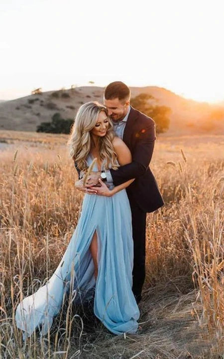 Robe empire décontractée en mousseline de soie à décolleté plongeant et à fines bretelles, bleue, fendue sur le devant