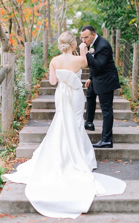 Robe de mariée sirène bustier élégante en satin grande taille avec nœud dans le dos