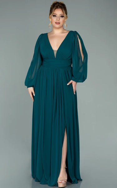 Chiffon V-neck Long Sleeve Front Split Pleated Evning Plus Size Dress