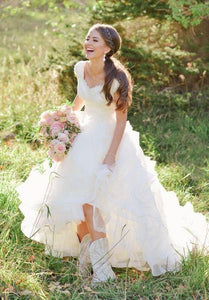 Country/Rustic Cowgirl Boots Western V-neck Ruffles Ball Gown Barn A-line Lace Organza Wedding Dress