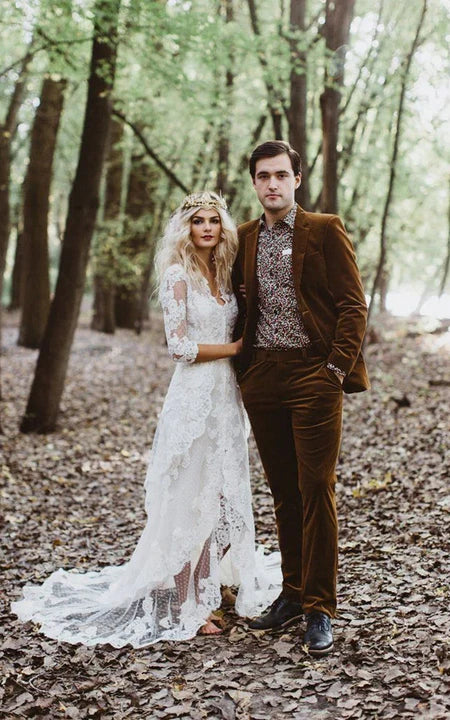 Vestido de novia de campo de encaje de manga larga de manga en V