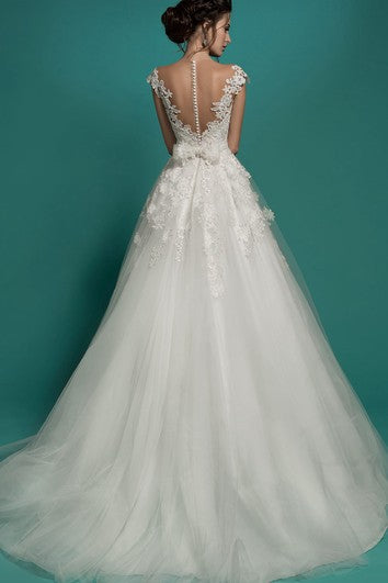 A-Line Long V-Neck Short-Sleeve Illusion Tulle Dress With Appliques And Bow