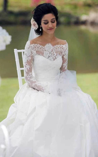 Off-the-shoulder Long Sleeve Lace A-line Ball Gown Wedding Dress