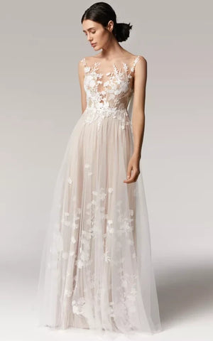 Ethereal Sleeveless Tulle Empire Waist Pleated Wedding Dress with Lace Applique