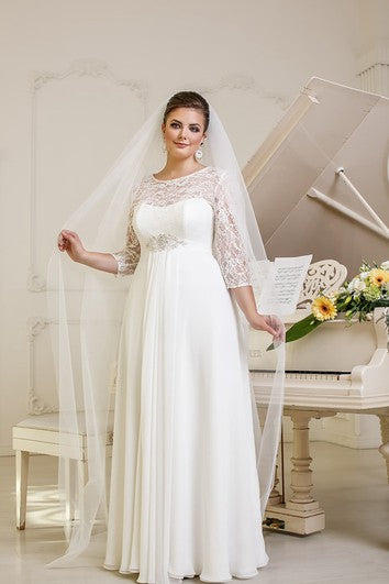 A-Line Long Jewel-Neck Illusion-Sleeve Empire Corset-Back Chiffon Dress With Beading And Pleatings