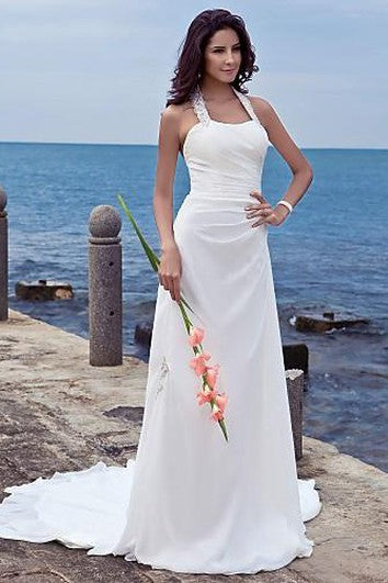 sheath Halter Court Train Chiffon Wedding Dress