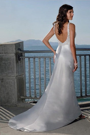 sheath Spaghetti Straps V-neck Elatic Woven Satin Wedding Dress