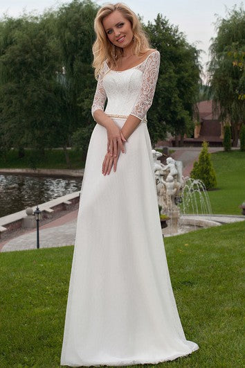 Appliqued 3-4 Scoop Scoop Neck Chiffon Abito da sposa