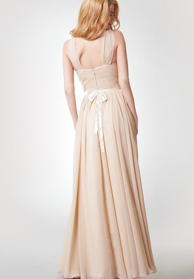 A-line Pleated Long Chiffon Dress With Straps and Sash