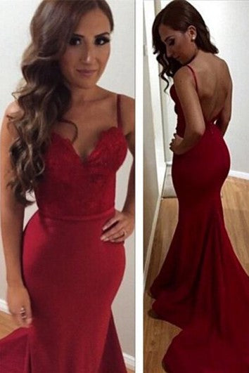 Beautiful Spaghetti Straps Prom Dresses Mermaid Evening Gown Lace Appliques