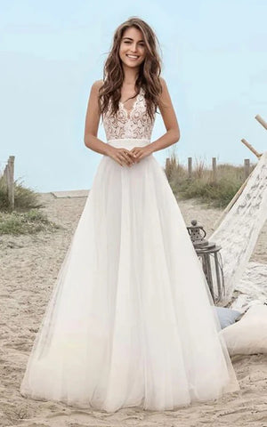 Beach V-neck A-line Tulle Destination Wedding Dress with Lace Top