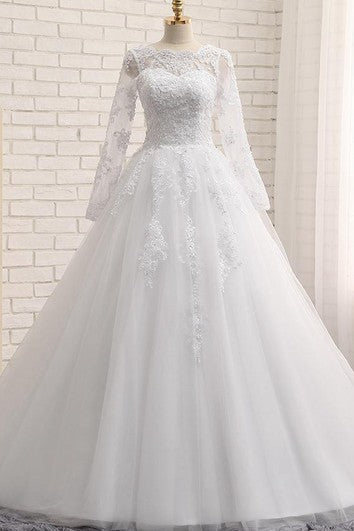 A-Line Long Jewel Long Sleeve Appliques Chapel Train Zipper Lace-Up Back Tulle Lace Sequins Dress