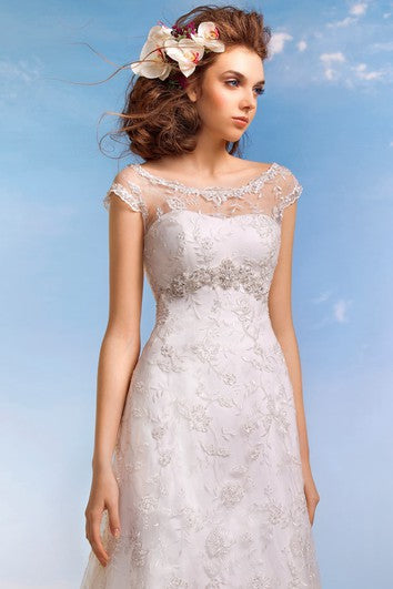 A-Line Floor-Length Scoop Cap-Sleeve Empire Illusion Lace Dress With Beading And Appliques