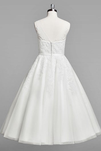 V-Neck Sleeveless A-Line Lace Tea-Length Wedding Dress