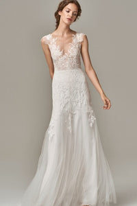 Elegant V-neck Lace Tulle Sheath Sleeveless Floor-length Wedding Dress with Appliques