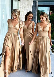 Plunging V-neck Sleeveless Empire Front Split Bridesmaid Dress With Pleats