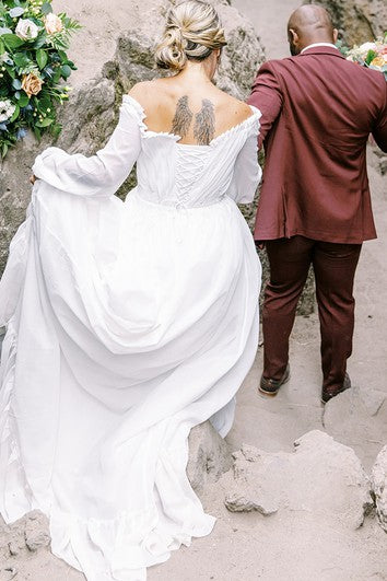 Vestido de novia elegante de gas de gasa con mangas y apliques de 3/4 de hombro