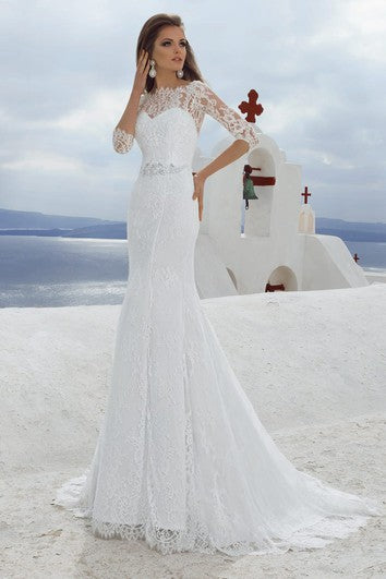 Bateau Neck 3-4 lunghezza Abito da sposa in pizzo guaina con perline