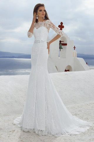 Bateau Neck 3-4 Length Sleeve Sheath Lace Wedding Dress With Beading